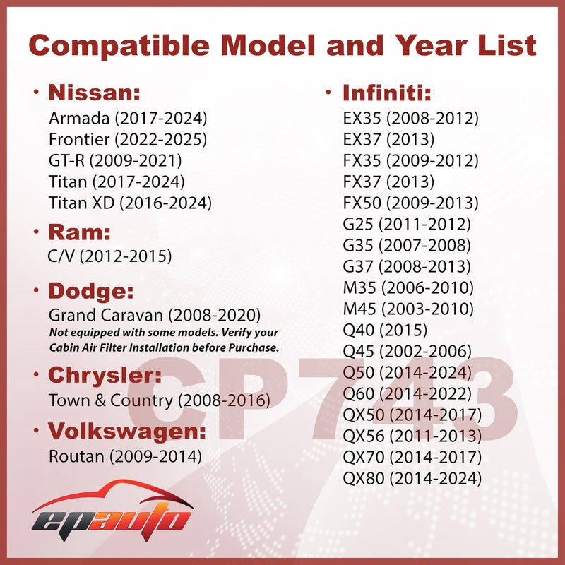 EPAuto فلتر هواء المقصورة EPAuto CP743 (CF10743) ، بديل لسيارات إنفينيتي Q50 و Q45 و Q60 و QX80 و EX35 و FX35 و G37 و نيسان GT-R و أرمادا و تيتان و كرايسلر تاون كانتري و دودج غراند كارافان و VW روتان يناسب من 2002-2025 - Image 2